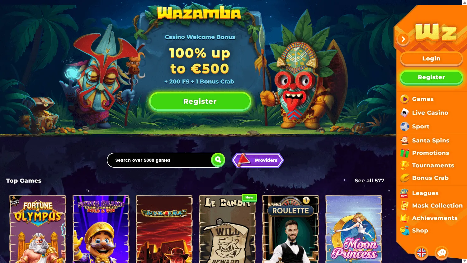 Wazamba Casino desktop home view