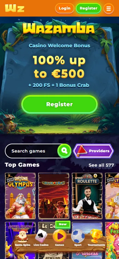 Wazamba Casino mobile browser home view